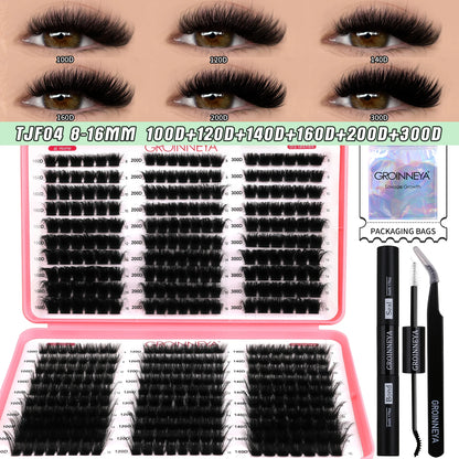GROINNEYA DIY Lash Clusters Kit – Mixed Length Individual Eyelash Extensions with Bond & Seal, Tweezers Tool for At-Home Lash Application