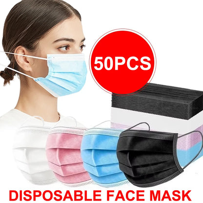 50PCS Disposable Face Masks – 3-Layer Non-Woven Breathable Masks with Soft Ear Loops | Black, Blue, White, Pink Color Options
