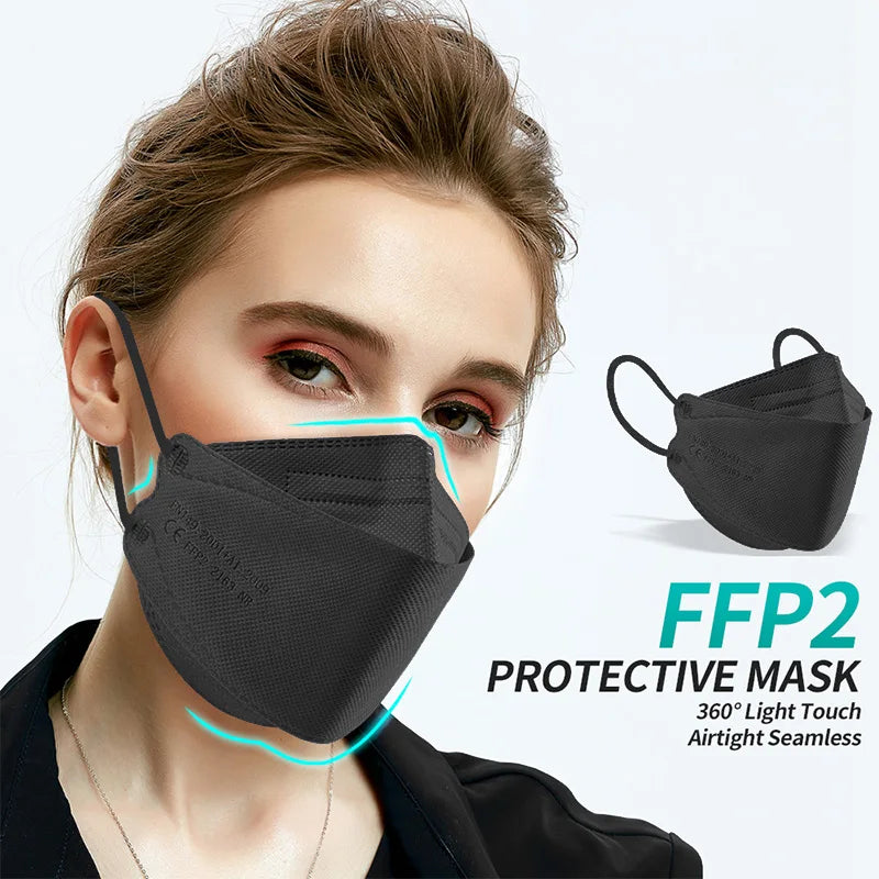 10-100 PCS FFP2 Face Masks – CE Approved, Disposable KN95/KF94 Black Fish-Style Masks