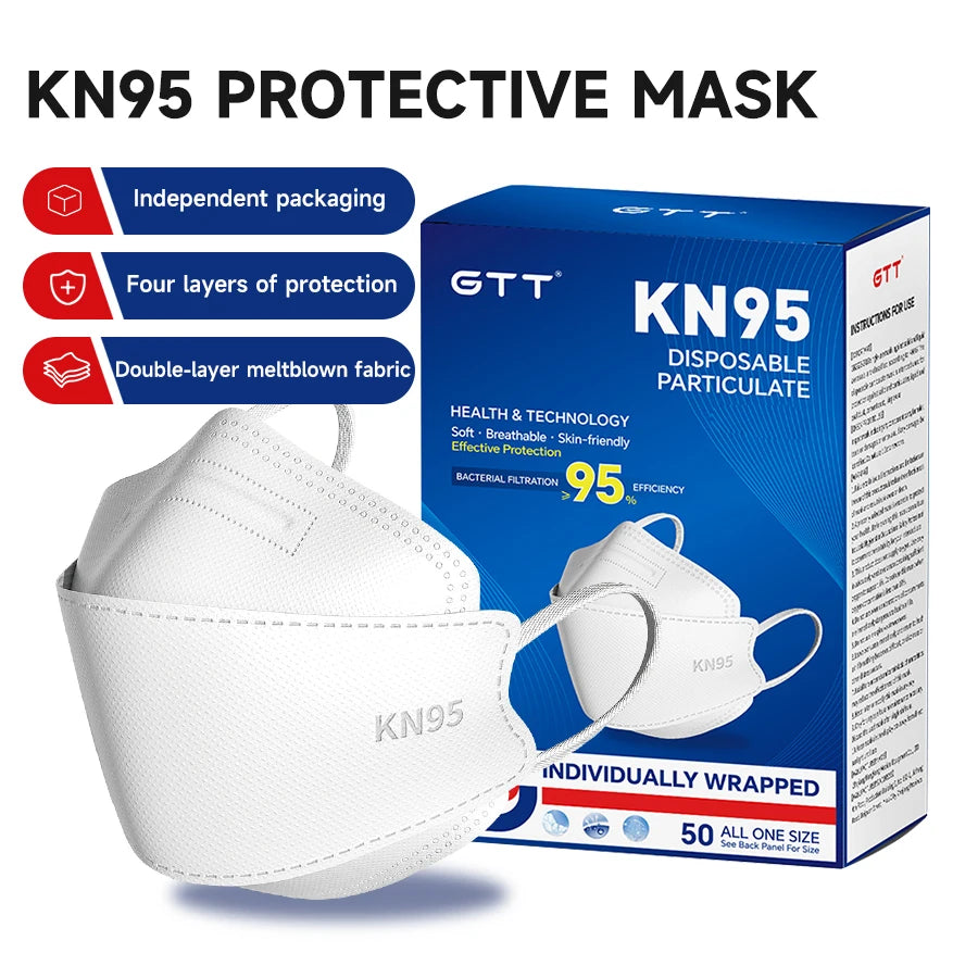 GTT KN95 Disposable Face Masks 4-Layer Protective 3D Fish-Style Design – Individually Wrapped – Black or White (50–200 Pack)