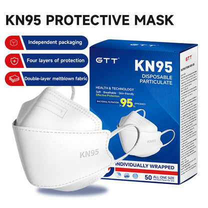 GTT KN95 Disposable Face Masks 4-Layer Protective 3D Fish-Style Design – Individually Wrapped – Black or White (50–200 Pack)