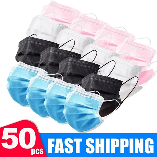 50PCS Disposable Face Masks – 3-Layer Non-Woven Breathable Masks with Soft Ear Loops | Black, Blue, White, Pink Color Options