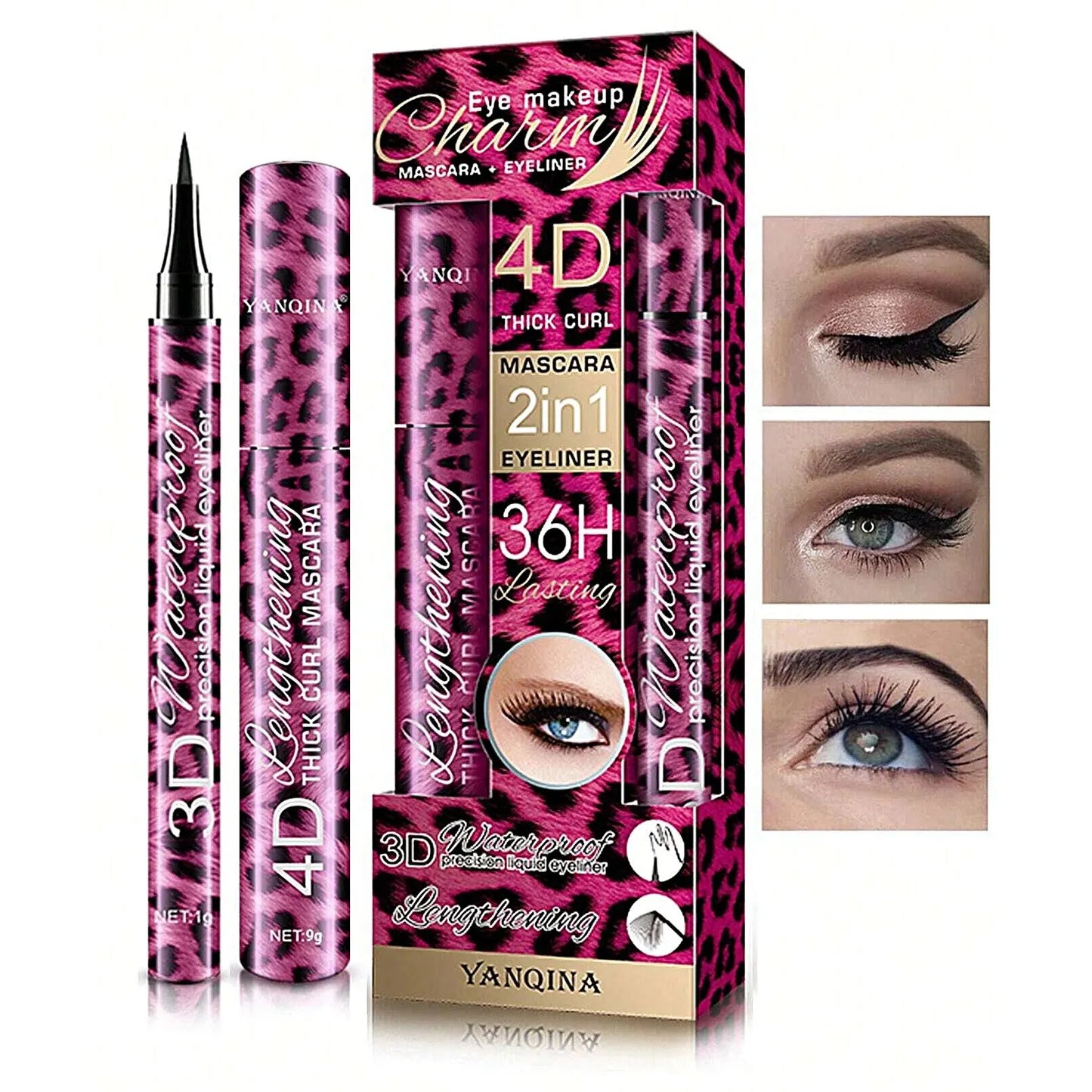 ANQINA 4D Waterproof Mascara & Liquid Eyeliner Set – Long-Lasting Curling Eye Makeup (Full Size)