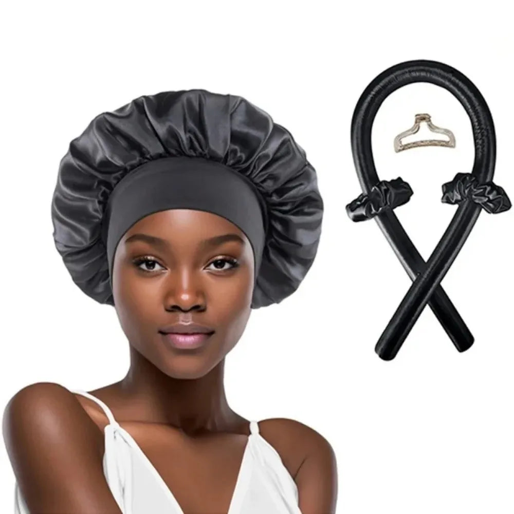 Heatless Curling Rod Night Cap Set – No-Heat Ribbon Hair Curlers with Soft Sleeping Bonnet for Overnight Curls
