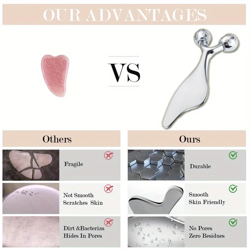 2-in-1 3D Face Roller & Gua Sha Tool Stainless Steel Facial Massager Cold Beauty Tool
