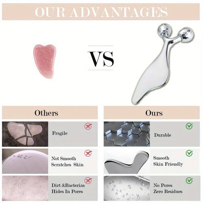 2-in-1 3D Face Roller & Gua Sha Tool Stainless Steel Facial Massager Cold Beauty Tool