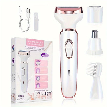 4-in-1 Rechargeable Electric Shaver for Women – Body, Bikini, Underarm, Face & Eyebrow Trimmer, Portable Hair Removal Razor