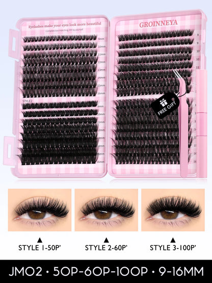 GROINNEYA DIY Lash Clusters Kit – 640PCS Cat-Eye Individual Eyelash Extensions with Bond & Seal for At-Home Lash Application