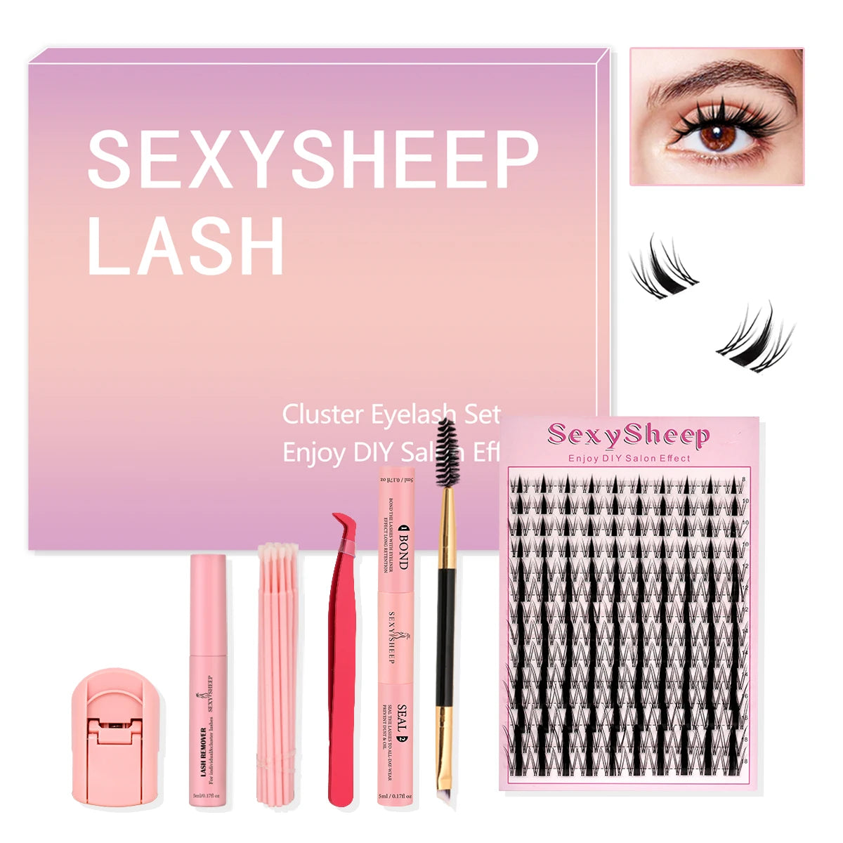 ISEEN DIY Lash Extension Kit – Mixed Style Lash Clusters with Bond & Seal, Remover, Tweezers & Lash Brush for Self-Application
