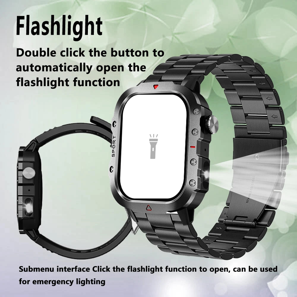 Rugged Men’s Bluetooth Call Smart Watch with Flashlight – 2.01” Outdoor Sports Fitness Watch for Android & iOS