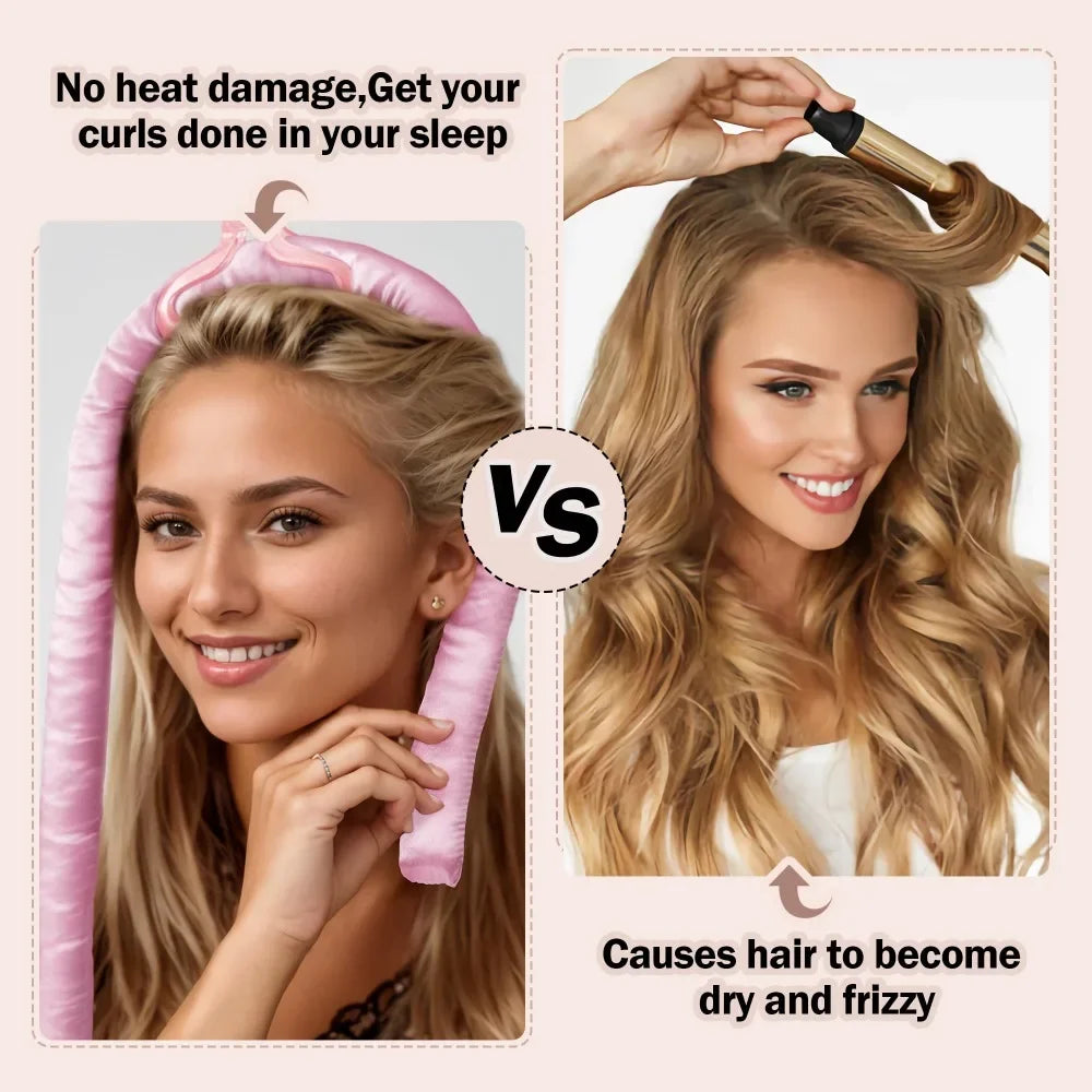 Heatless Curling Rod Night Cap Set – No-Heat Ribbon Hair Curlers with Soft Sleeping Bonnet for Overnight Curls