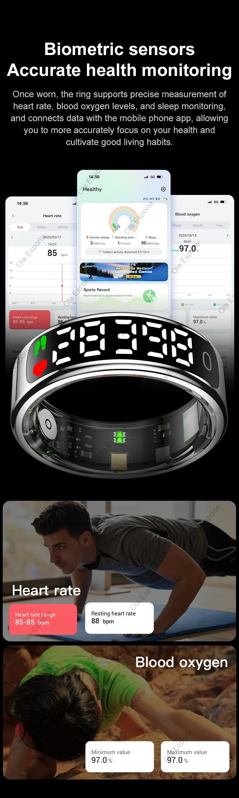 Smart Ring Health Fitness Tracker LED Touch Display Heart Rate Sleep Monitor Waterproof