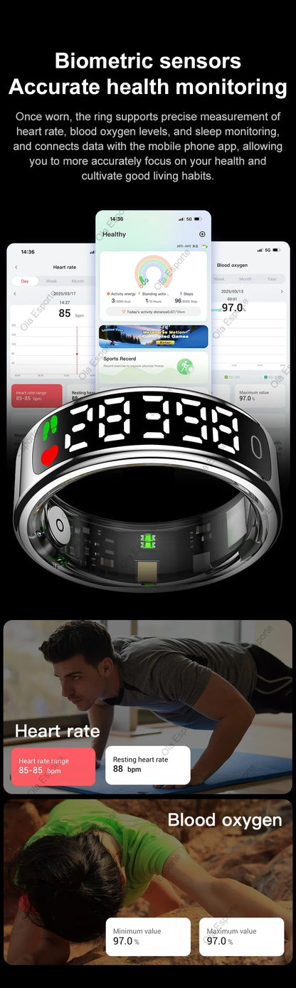 Smart Ring Health Fitness Tracker LED Touch Display Heart Rate Sleep Monitor Waterproof