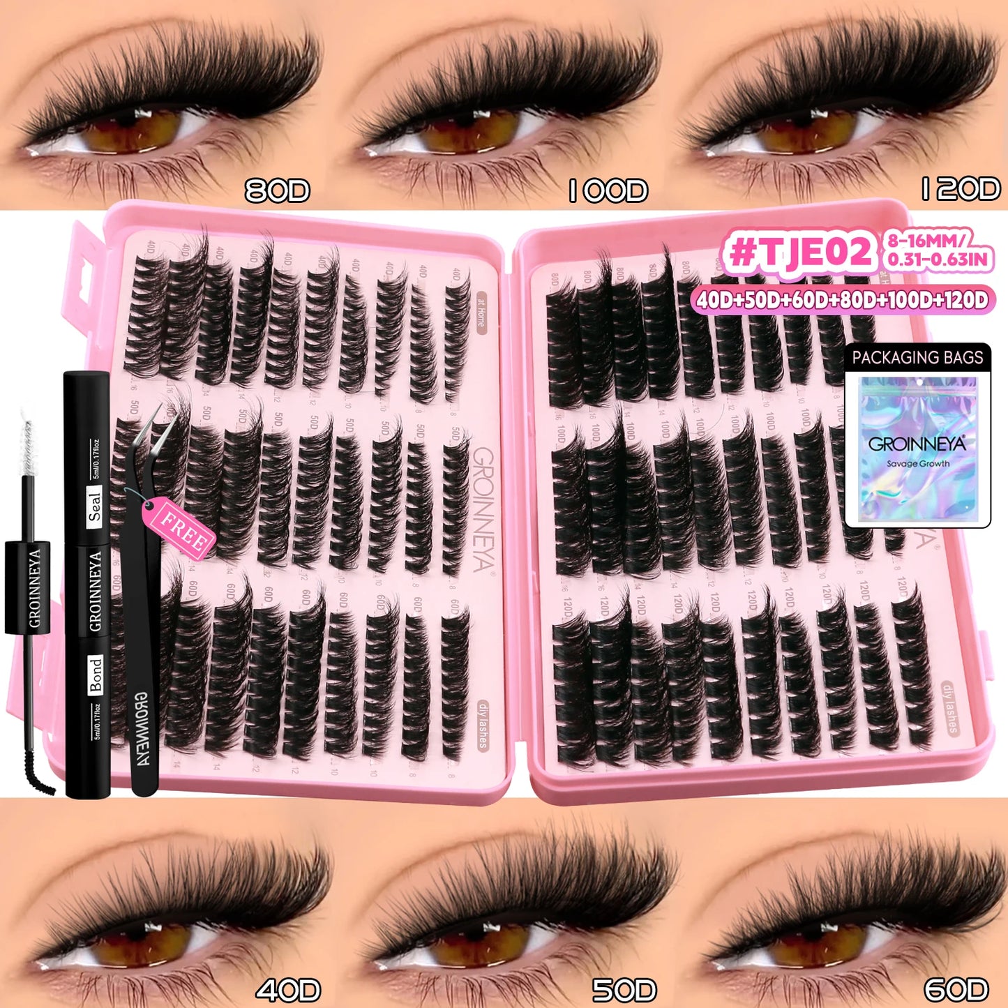 GROINNEYA Lash Clusters Kit – Cat Eye Cluster Eyelash Extensions with Lash Bond & Seal, DIY Large-Capacity Lash Kit