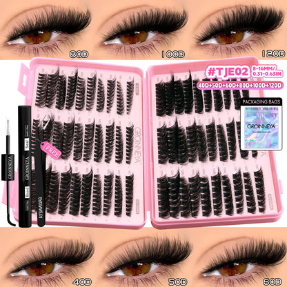 GROINNEYA Lash Clusters Kit – Cat Eye Cluster Eyelash Extensions with Lash Bond & Seal, DIY Large-Capacity Lash Kit