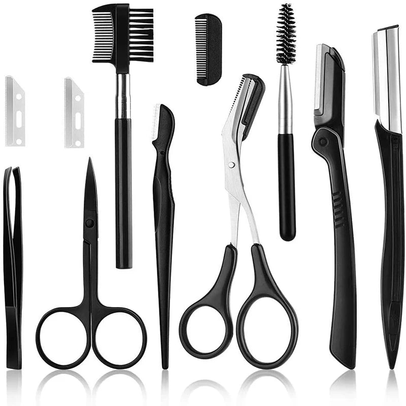 3–11PCS Eyebrow Grooming Tool Set – Stainless Steel Scissors, Tweezers, Razor & Brow Comb Makeup Kit