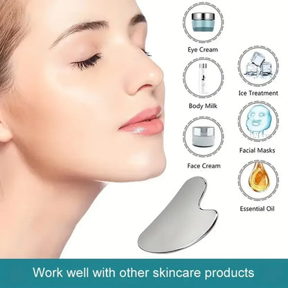3-Piece Stainless Steel Facial Massage Tool Set – Ice Face Roller, Heart Gua Sha & Facial Roller