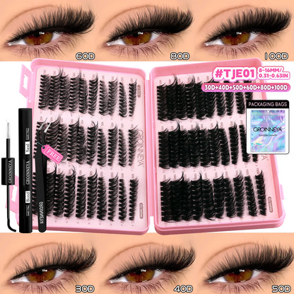 GROINNEYA Lash Clusters Kit – Cat Eye Cluster Eyelash Extensions with Lash Bond & Seal, DIY Large-Capacity Lash Kit