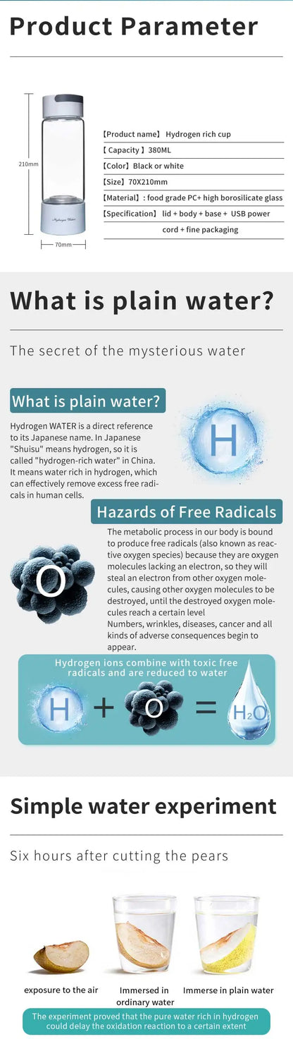 Portable Electric Hydrogen Water Bottle – Titanium Filter, USB Rechargeable, Hydrogen-Rich for Health & Wellness
