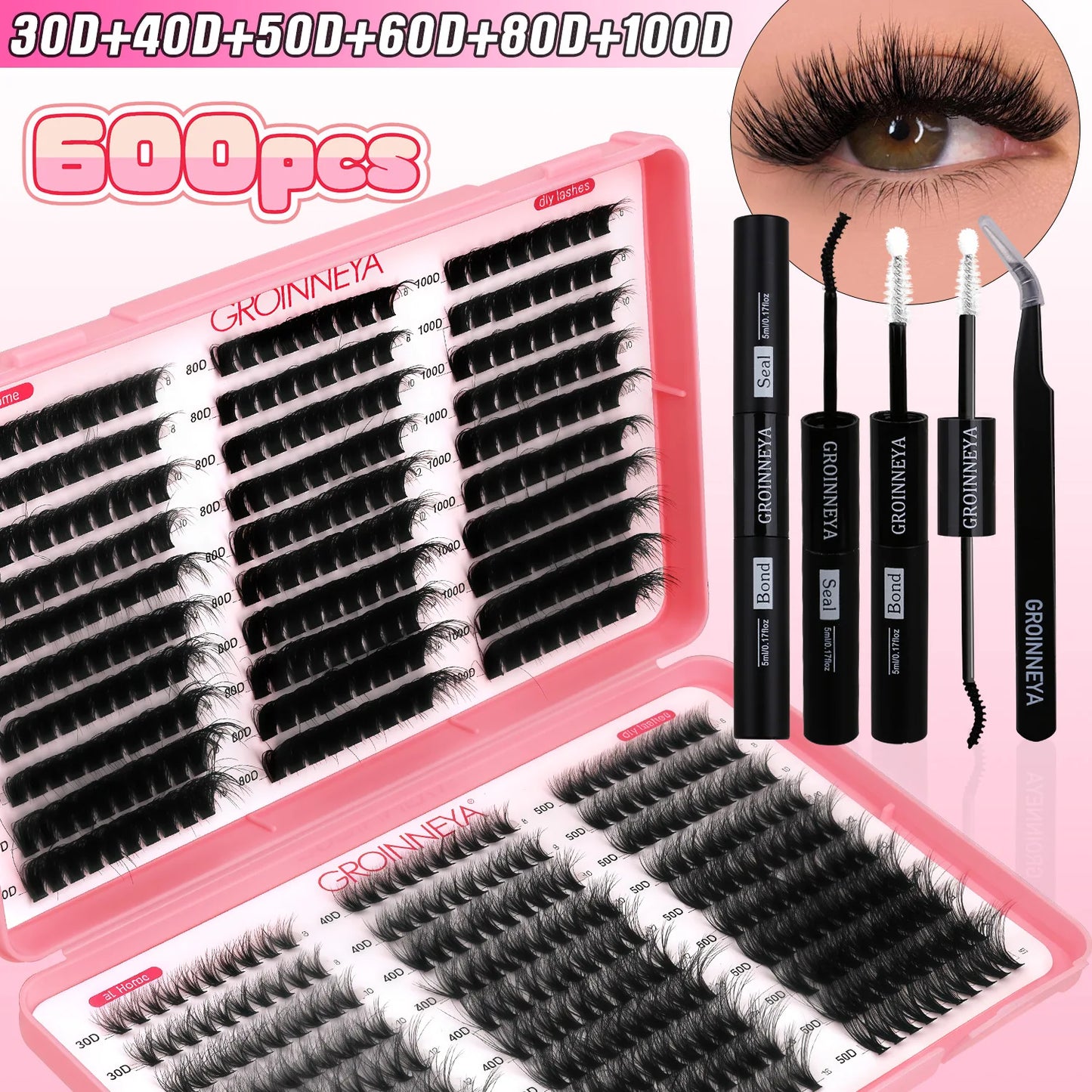 GROINNEYA DIY Lash Clusters Kit – Mixed Length Individual Eyelash Extensions with Bond & Seal, Tweezers Tool for At-Home Lash Application