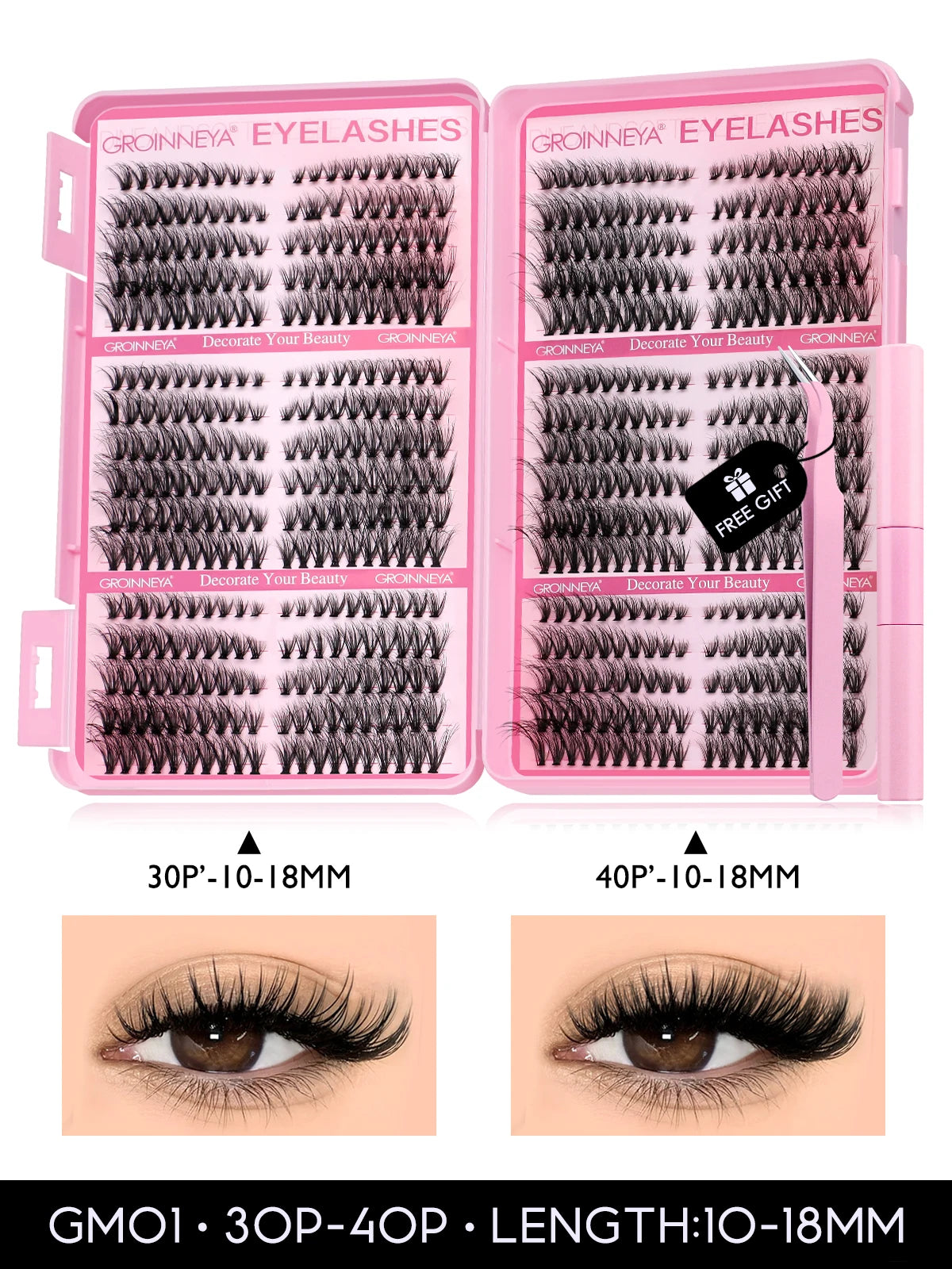 GROINNEYA DIY Lash Clusters Kit – 640PCS Cat-Eye Individual Eyelash Extensions with Bond & Seal for At-Home Lash Application