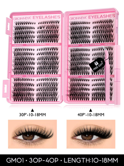 GROINNEYA DIY Lash Clusters Kit – 640PCS Cat-Eye Individual Eyelash Extensions with Bond & Seal for At-Home Lash Application