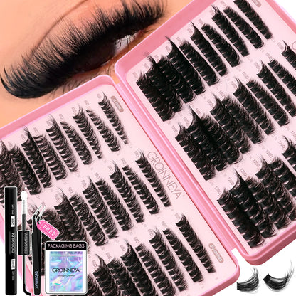 GROINNEYA Lash Clusters Kit – Cat Eye Cluster Eyelash Extensions with Lash Bond & Seal, DIY Large-Capacity Lash Kit