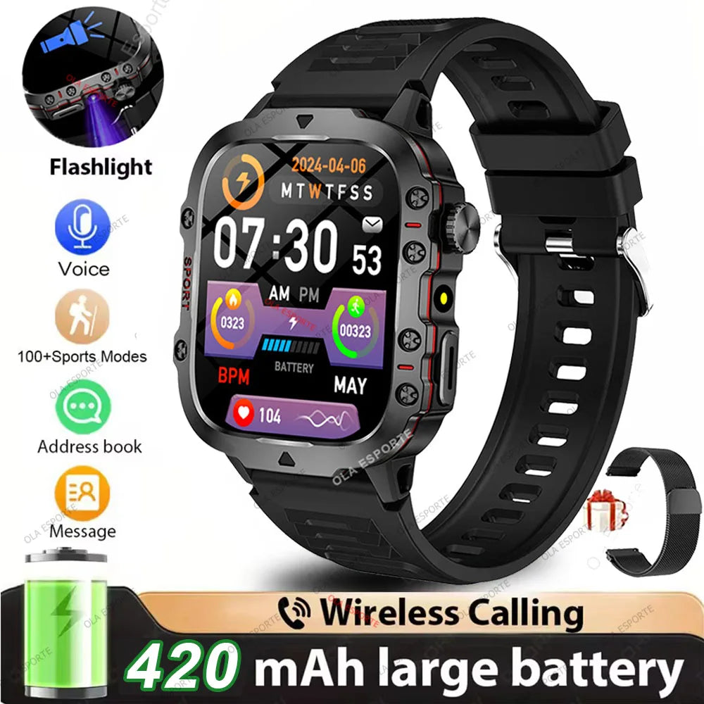 Rugged Military GPS Smart Watch for Men – Bluetooth Call, Heart Rate, Blood Oxygen, AI Voice, Sport & Waterproof