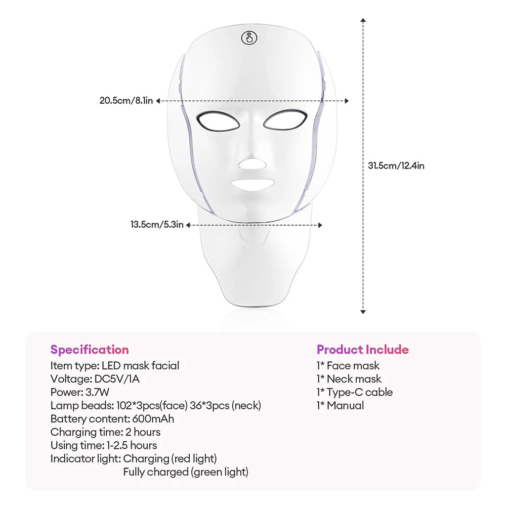 7-Color LED Face & Neck Light Therapy Mask – Electric Facial Skincare Mask with Remote Control