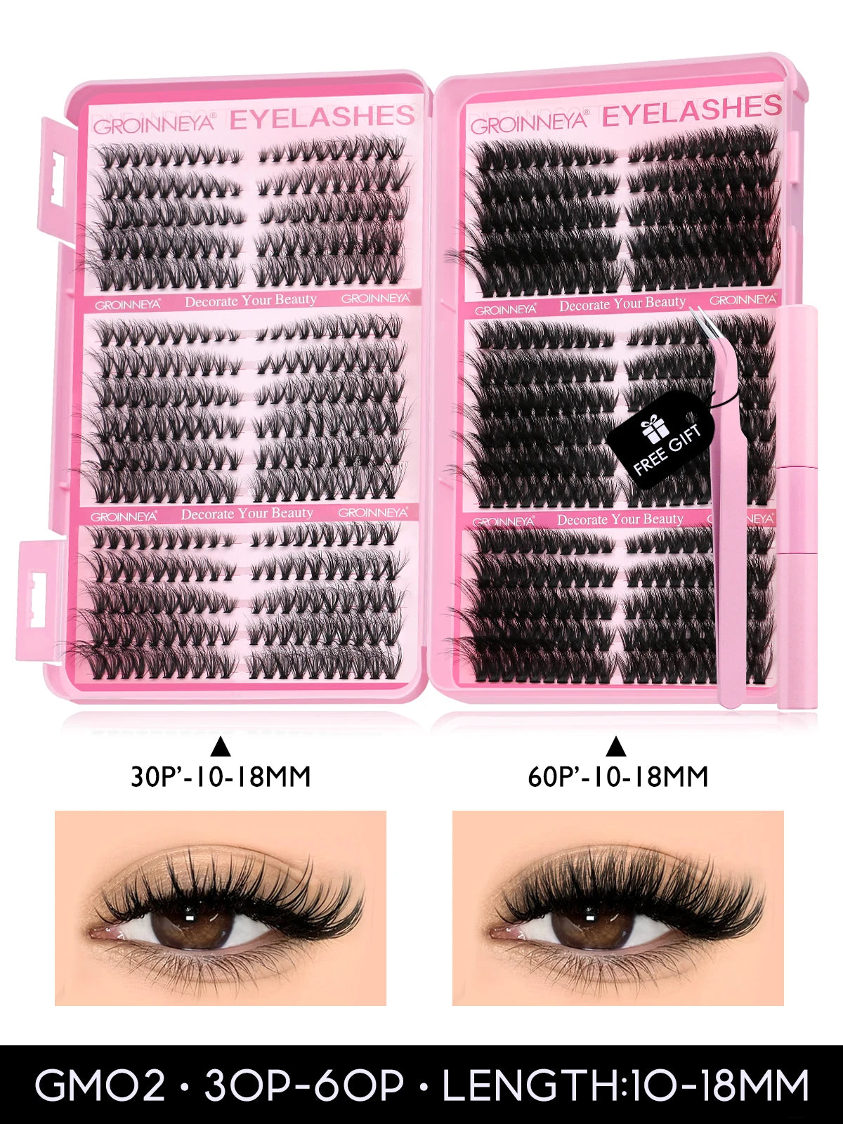 GROINNEYA DIY Lash Clusters Kit – 640PCS Cat-Eye Individual Eyelash Extensions with Bond & Seal for At-Home Lash Application