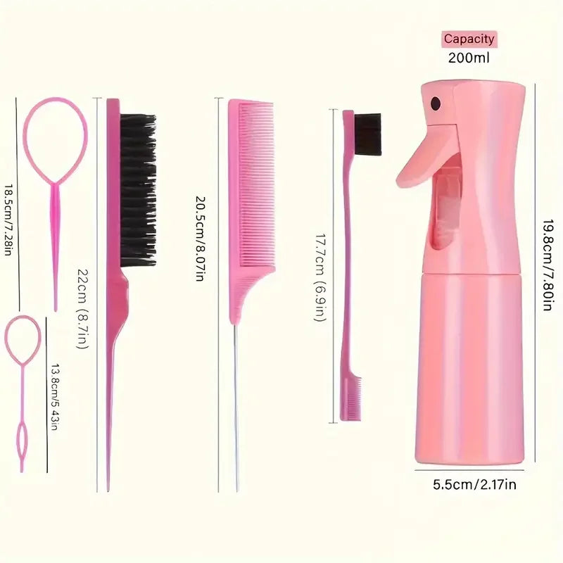 6-Piece Hair Styling Brush & Comb Set with Spray Bottle – Hairdressing Tools for Braiding, Teasing, and Edge Control