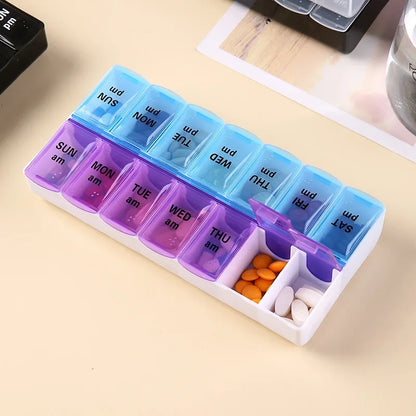 Weekly Pill Organizer Box – 7 Day Portable Travel Medicine Case with 14 Compartments for Pills, Vitamins & Supplements