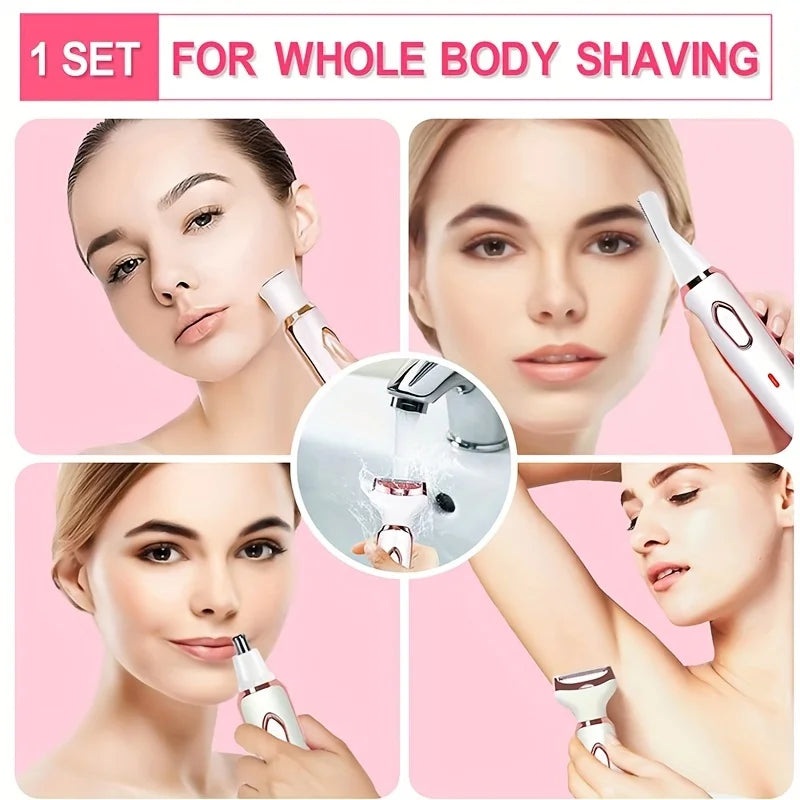 4-in-1 Rechargeable Electric Shaver for Women – Body, Bikini, Underarm, Face & Eyebrow Trimmer, Portable Hair Removal Razor
