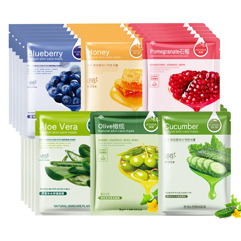 10 Pcs Natural Plant Facial Masks – Moisturizing, Oil Control & Anti-Aging Korean Sheet Masks with Fruit and Aloe Extracts