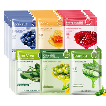 10 Pcs Natural Plant Facial Masks – Moisturizing, Oil Control & Anti-Aging Korean Sheet Masks with Fruit and Aloe Extracts