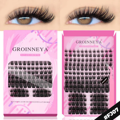 GROINNEYA DIY Eyelash Extension Kit – Individual Lash Clusters Faux Mink Mix Set with Lash Bond & Seal, Easy At-Home Application
