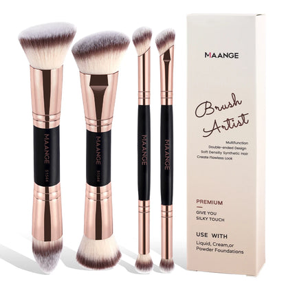 MAANGE 4-Piece Makeup Brush Set with Case – Dual-Ended Foundation, Powder & Eyeshadow Brushes