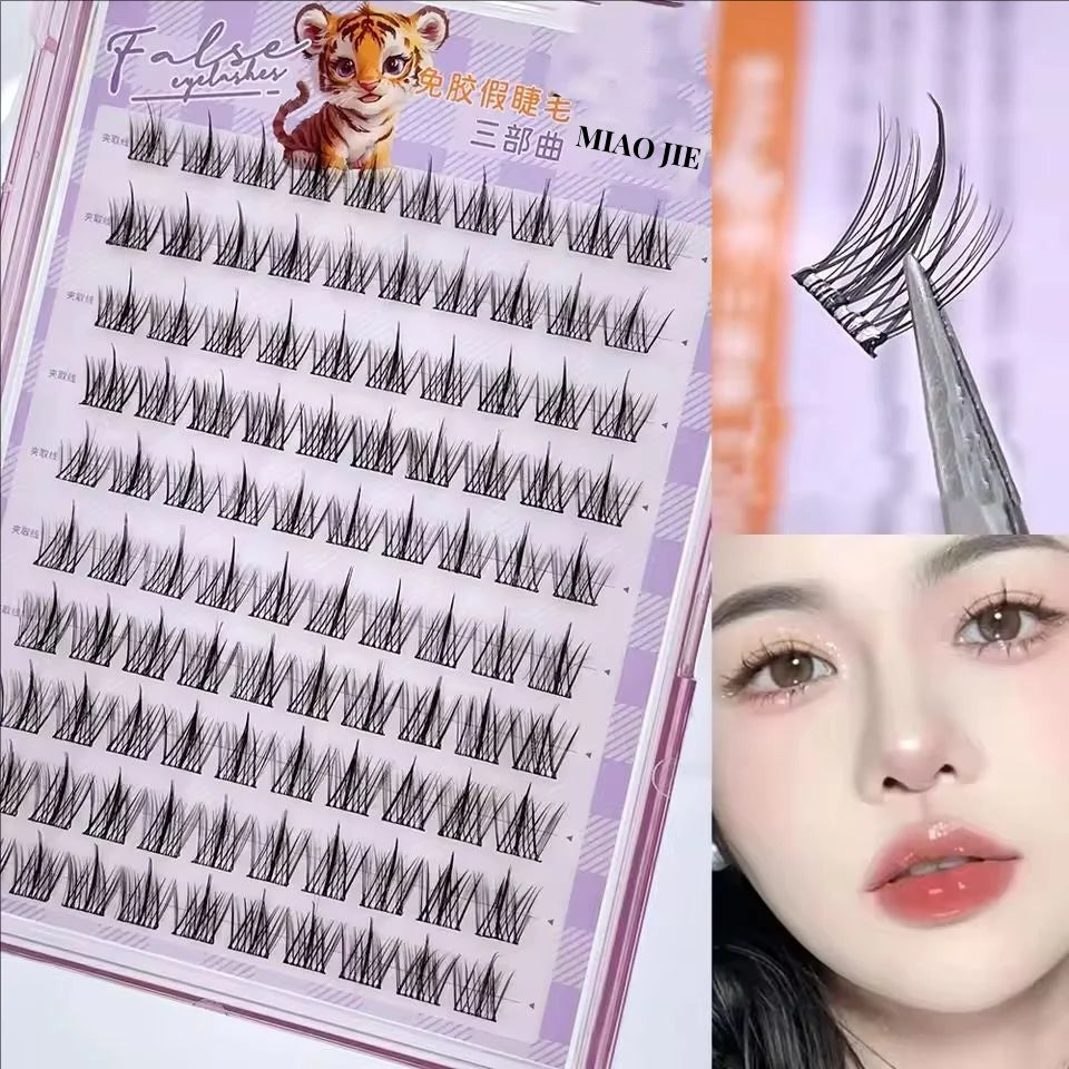MIAOJIE No-Glue False Eyelashes – Easy 3-Step DIY Natural Look, Lightweight Reusable Lashes for Beginners, Sunflower Design