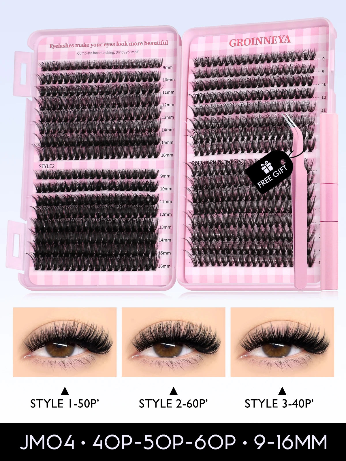 GROINNEYA DIY Lash Clusters Kit – 640PCS Cat-Eye Individual Eyelash Extensions with Bond & Seal for At-Home Lash Application