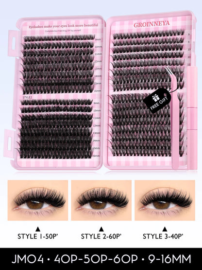GROINNEYA DIY Lash Clusters Kit – 640PCS Cat-Eye Individual Eyelash Extensions with Bond & Seal for At-Home Lash Application