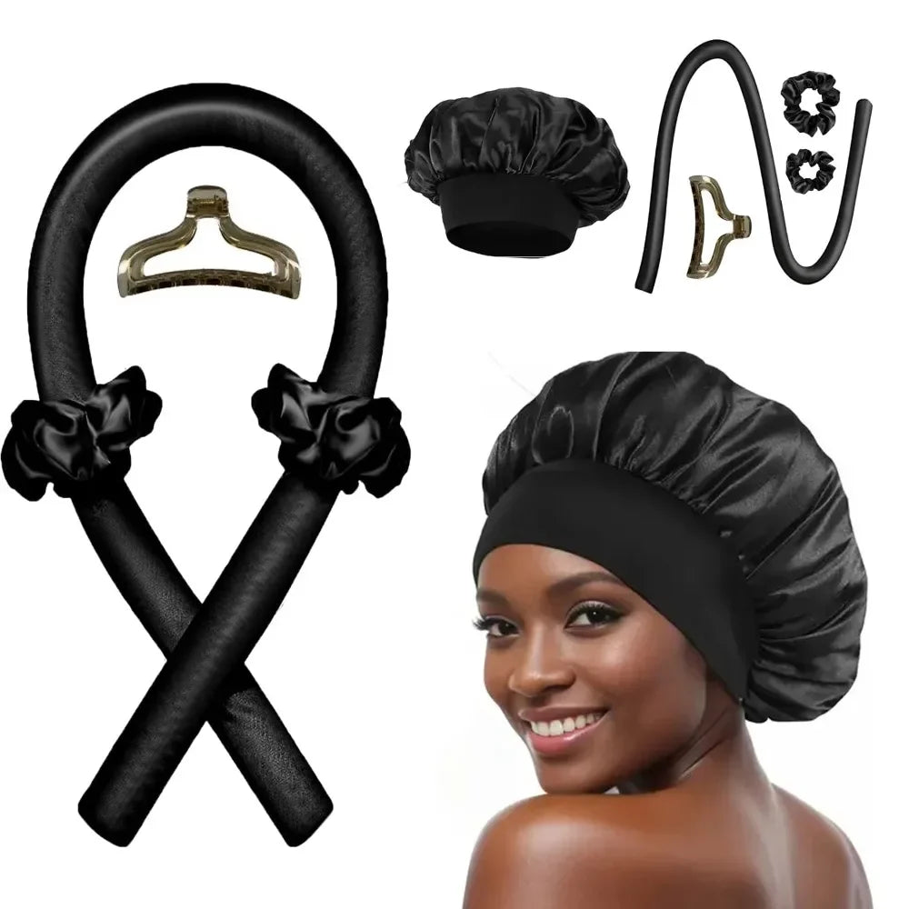 Heatless Curling Rod Night Cap Set – No-Heat Ribbon Hair Curlers with Soft Sleeping Bonnet for Overnight Curls