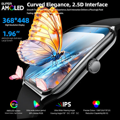 Smart Watch 1.96" AMOLED Bluetooth Call Fitness Tracker IP68 for Android iOS