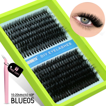 GROINNEYA DIY Fluffy Cluster Lashes Kit – Faux Mink Individual Eyelash Extensions, D-Curl Volume Mixed Tray for At-Home Lash Styling