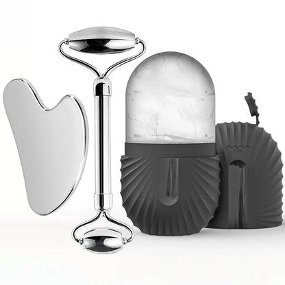 Stainless Steel Ice Face Roller & Gua Sha Set – Facial Massage & Skincare Tool Kit