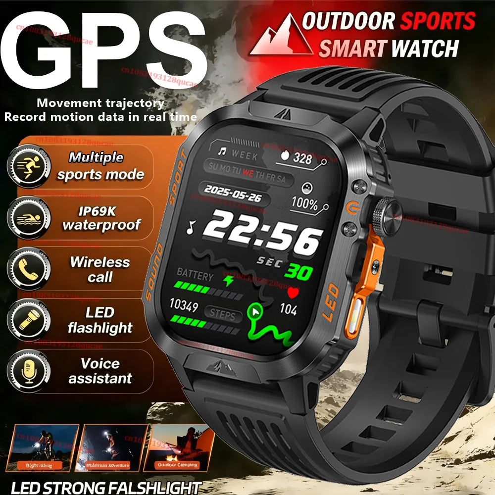 Military Smart Watch Bluetooth Call GPS Flashlight 100+ Sports Android iPhone