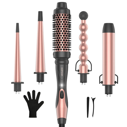KIPOZI 5-in-1 Curling Iron Set Ceramic Hair Styler Hot Air Brush Dual Voltage