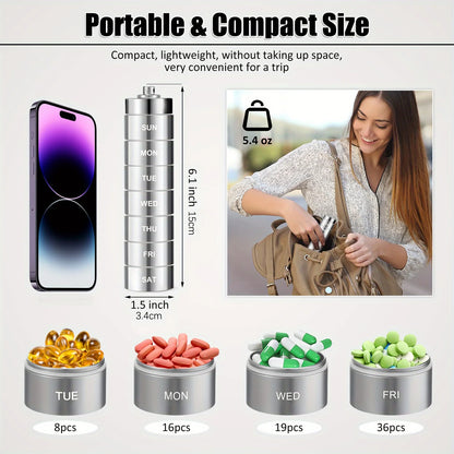 7pcs Metal Pill Organizer Set – Stackable Waterproof Travel Pill Box | Large Aluminum Alloy Portable Pill Case