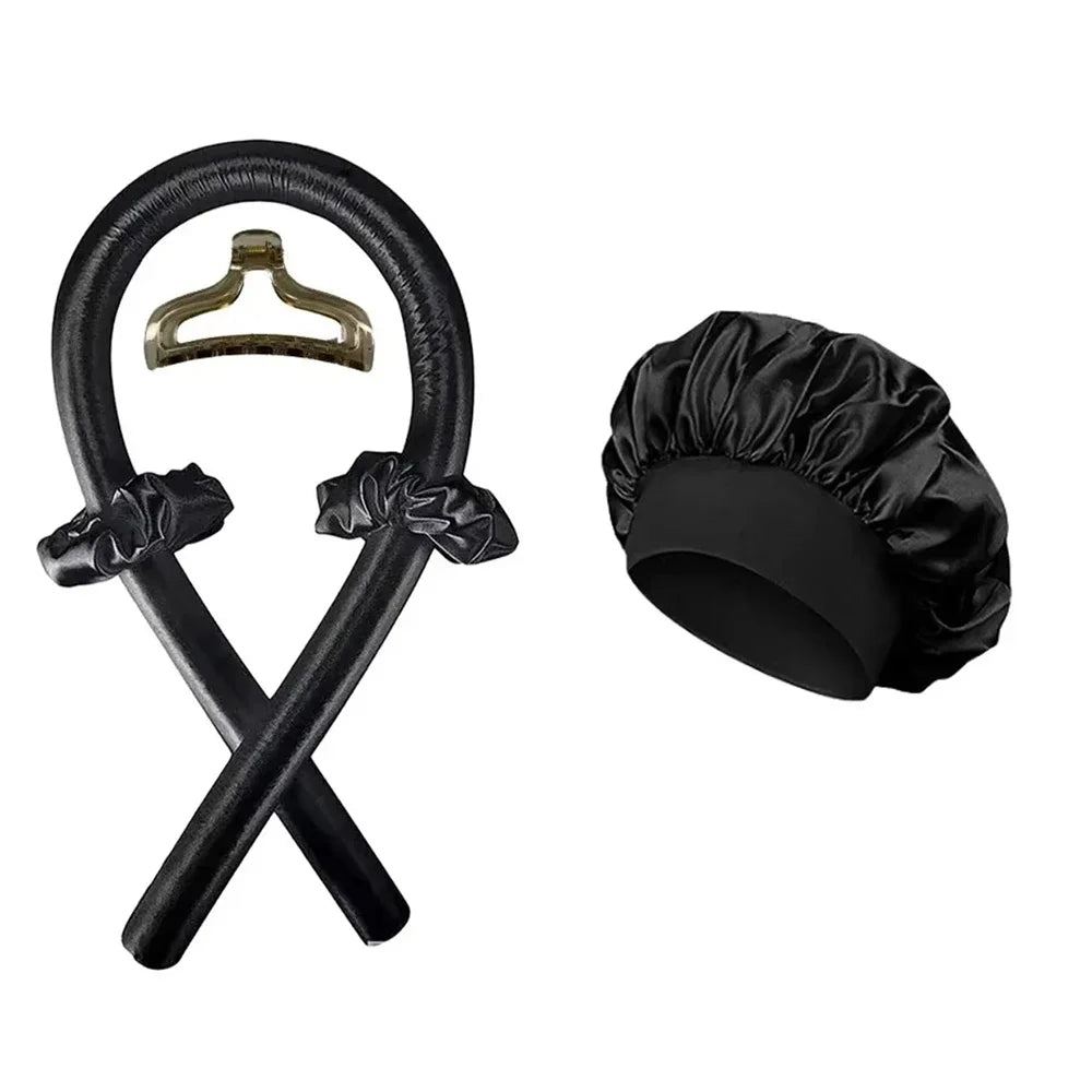 Heatless Curling Rod Night Cap Set – No-Heat Ribbon Hair Curlers with Soft Sleeping Bonnet for Overnight Curls
