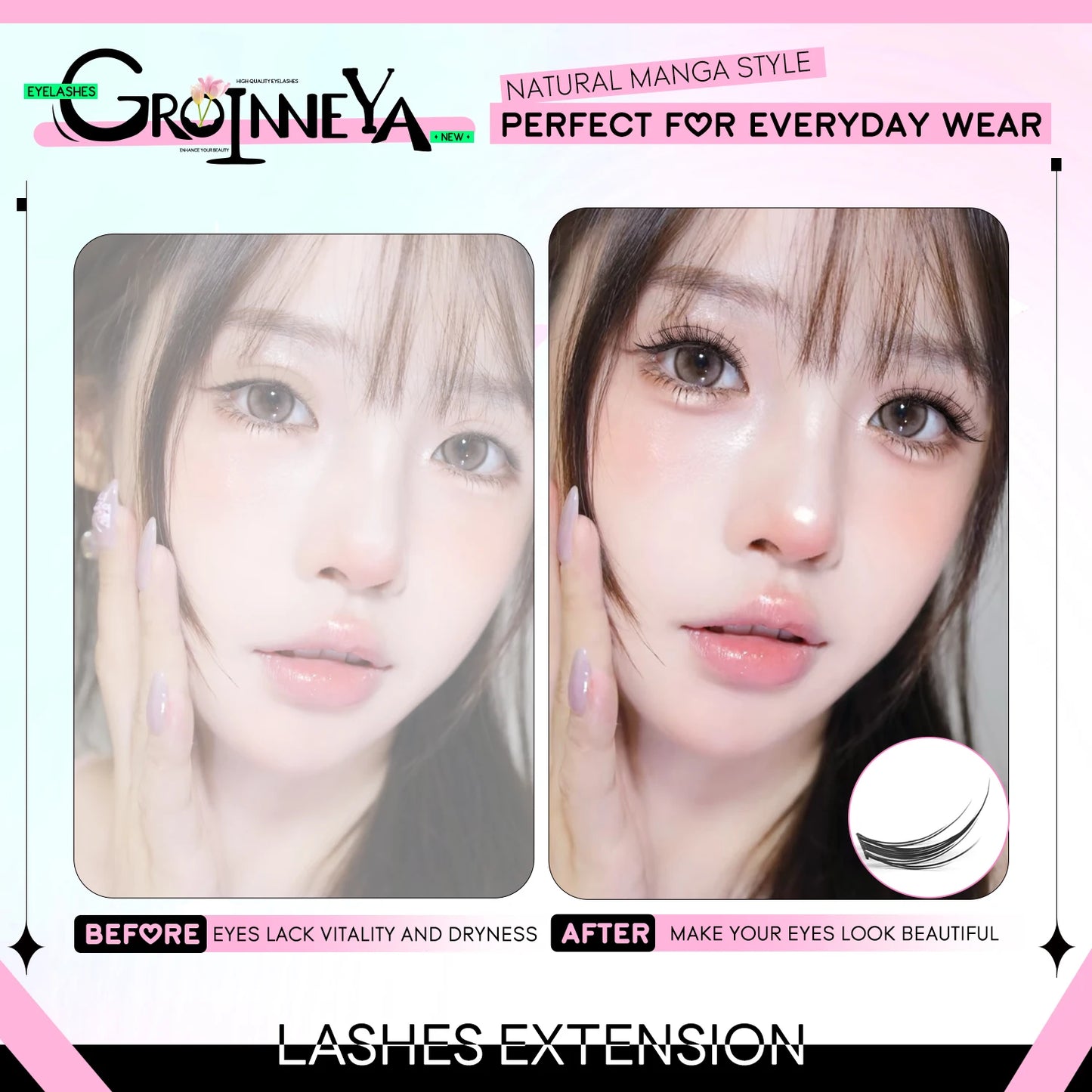GROINNEYA DIY Lash Clusters – Natural & Manga Styles | Soft Lightweight Synthetic Lashes | Customizable False Eyelash Extensions Kit