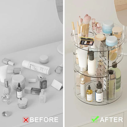 360° Rotating Makeup Organizer – Cosmetic Display Carousel with Brush Holder & Perfume Tray for Vanity, Dresser & Bathroom Countertop